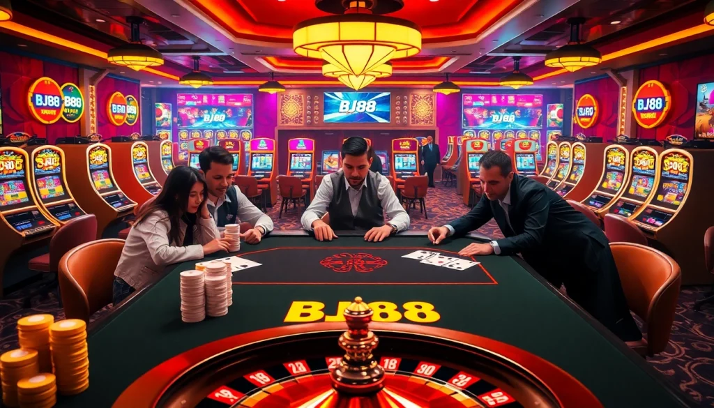 BJ 88 displays high-stakes poker action at a glamorous casino table with vibrant slot machines in the background.
