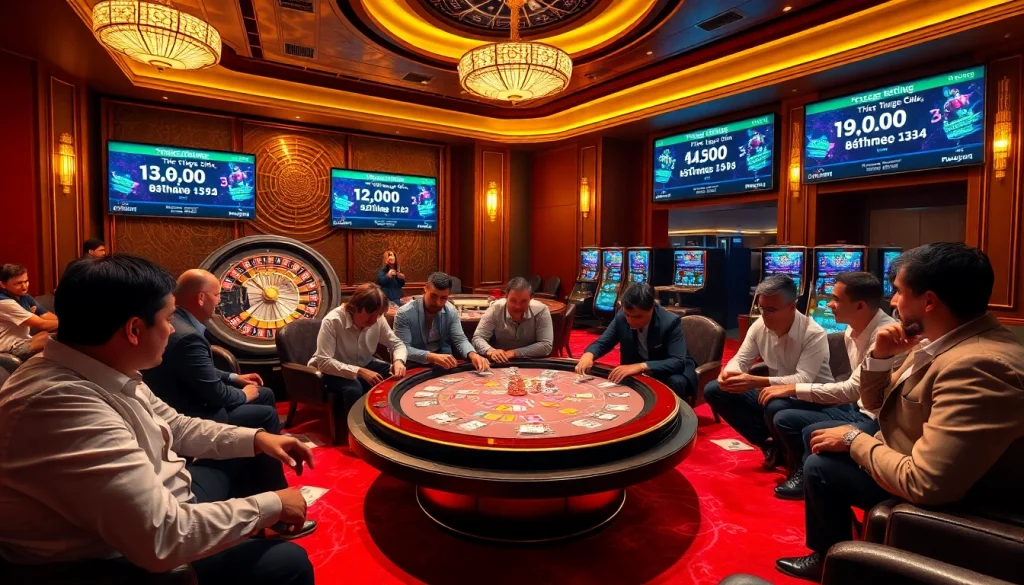 Experience thrilling moments in a luxurious casino with Trực Tiếp Bóng Đá Xoilac displayed prominently on digital screens, blending traditional gambling excitement.